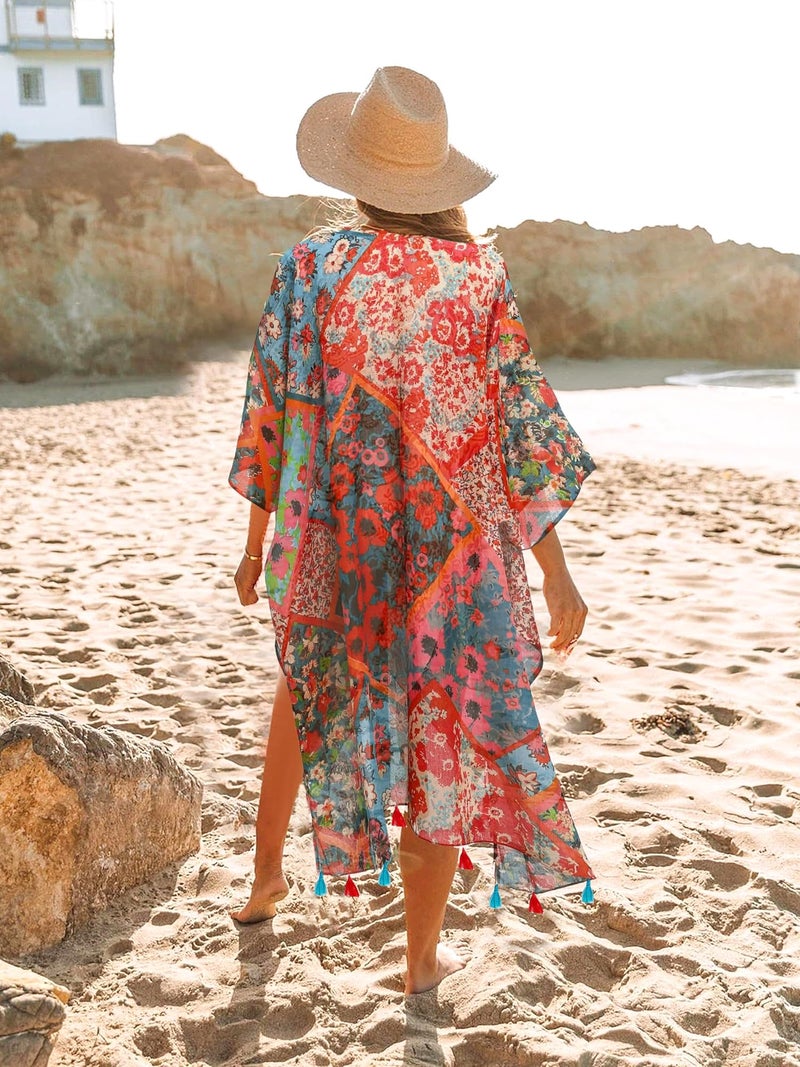 Breezy Lane Women's Beach Coverup Swimsuit Kimono Cardigan with Tassel Bohemian Print - Image 2